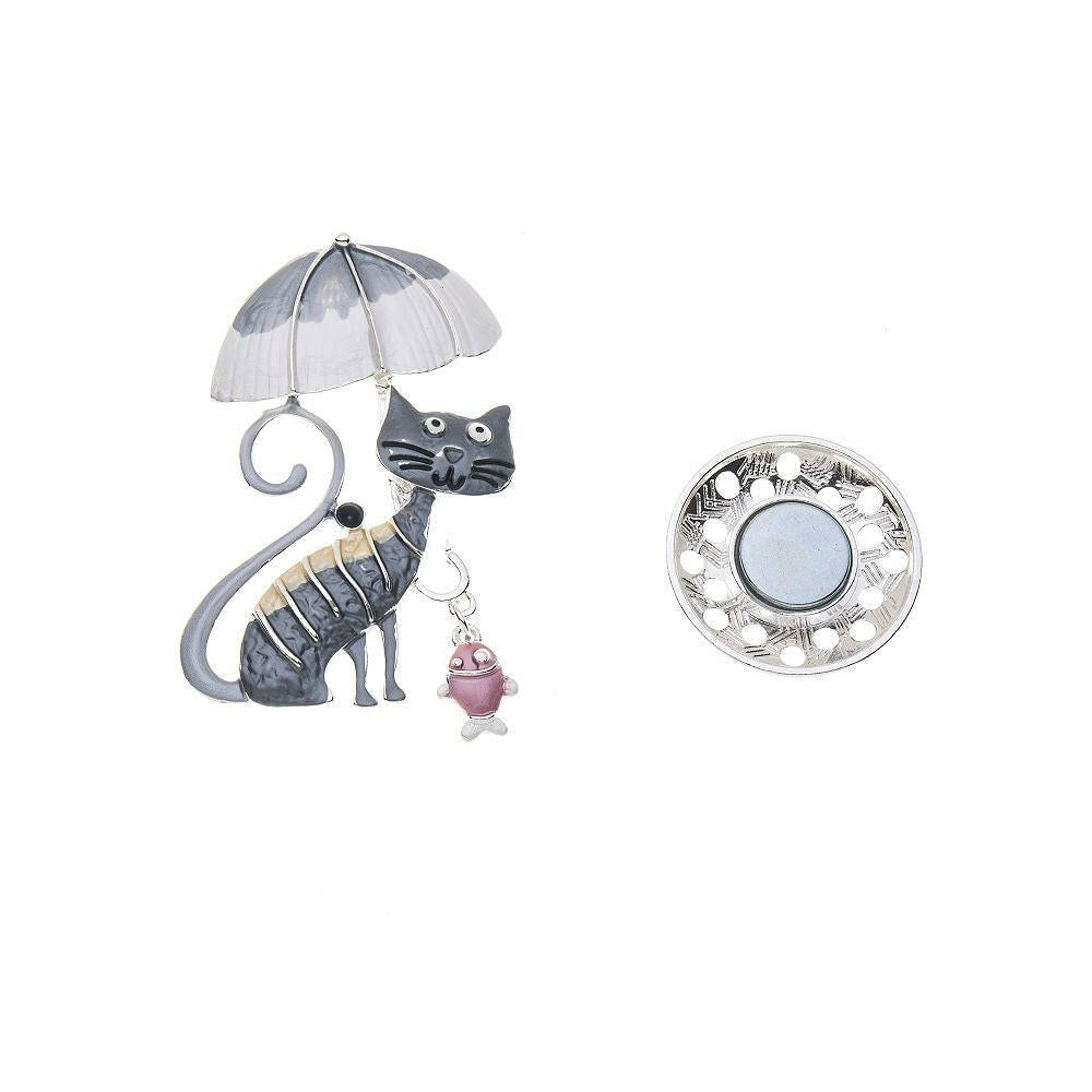 Brosche - Katze mit Regenschirm.